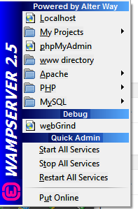 The WAMP server menu visible from the task bar